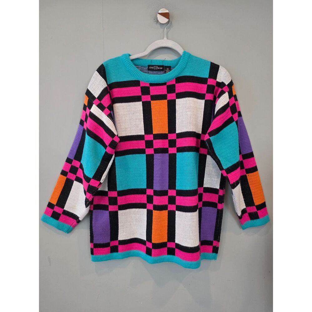 VTG 80s 90s One Step Up Sweater MD Geometric ColorBlock Retro Dopamine Bright